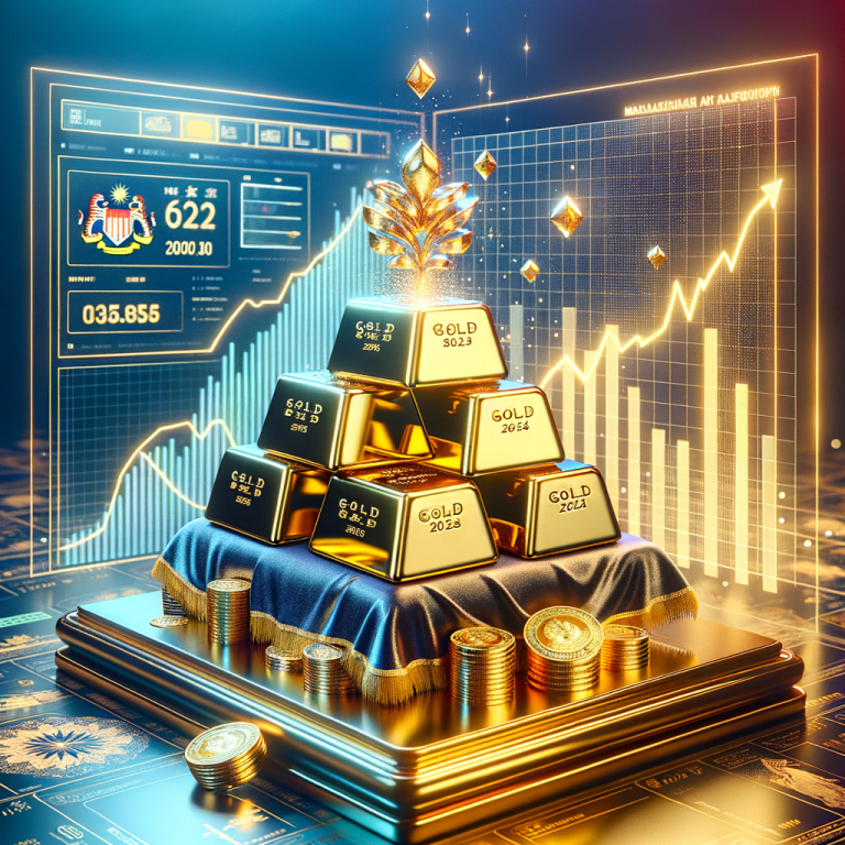 Stack of shiny gold bars and coins with financial charts and stock market data in the background.
