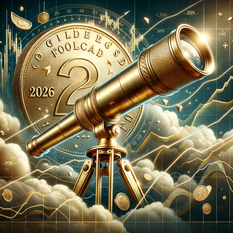 Golden telescope focused on futuristic cryptocurrency coin with financial charts and upward trends in the background.